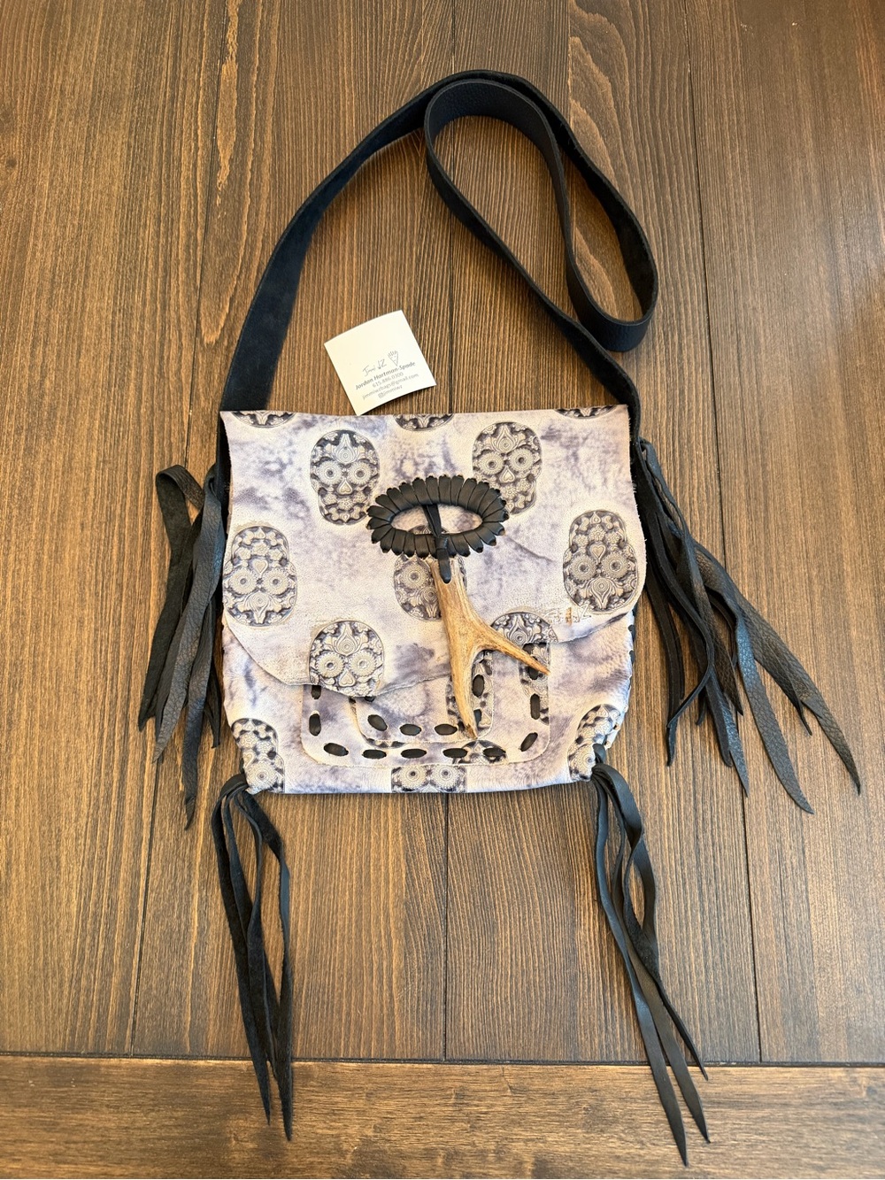 Jimmi Wz Custom Handmade Leather Bag Bohemian Grey and Black Skulls
